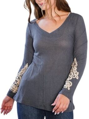 AND THE WHY? Charcoal Long Sleeve Top Accented with Ivory Crochet Detailed Lace